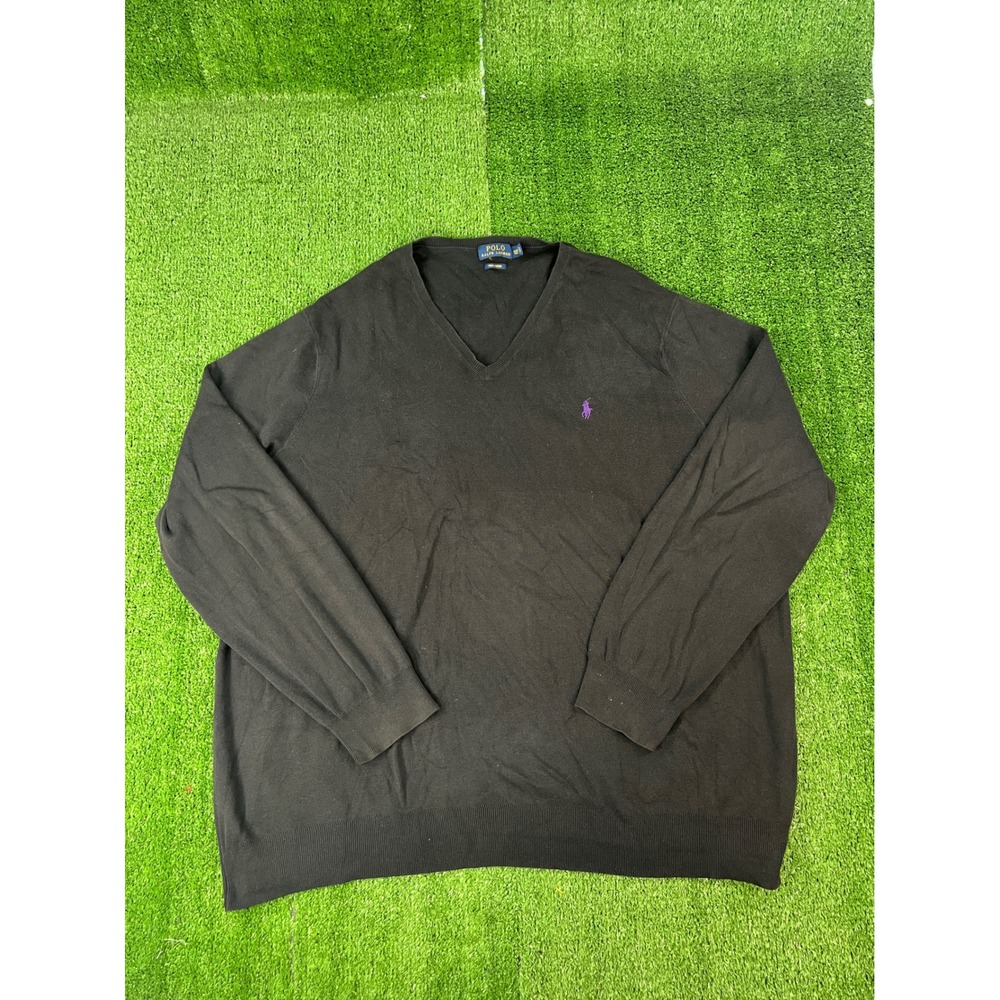 Polo Ralph Lauren Mens 4XLT Black Pima Cotton V-Neck Sweater Purple Pony Logo